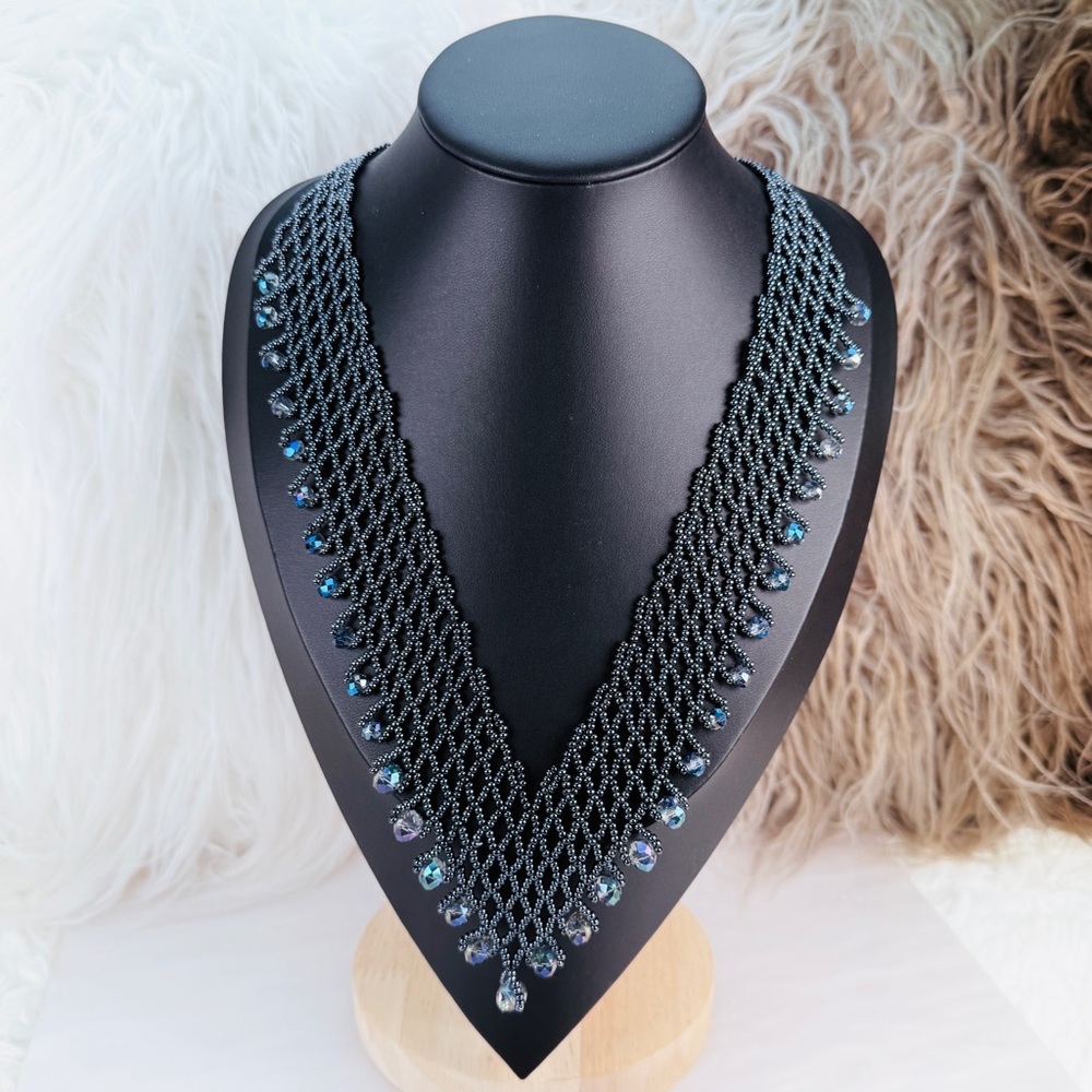 Beautiful beaded, long, blueish gray, reflective statement, necklace - Picture 7 of 9